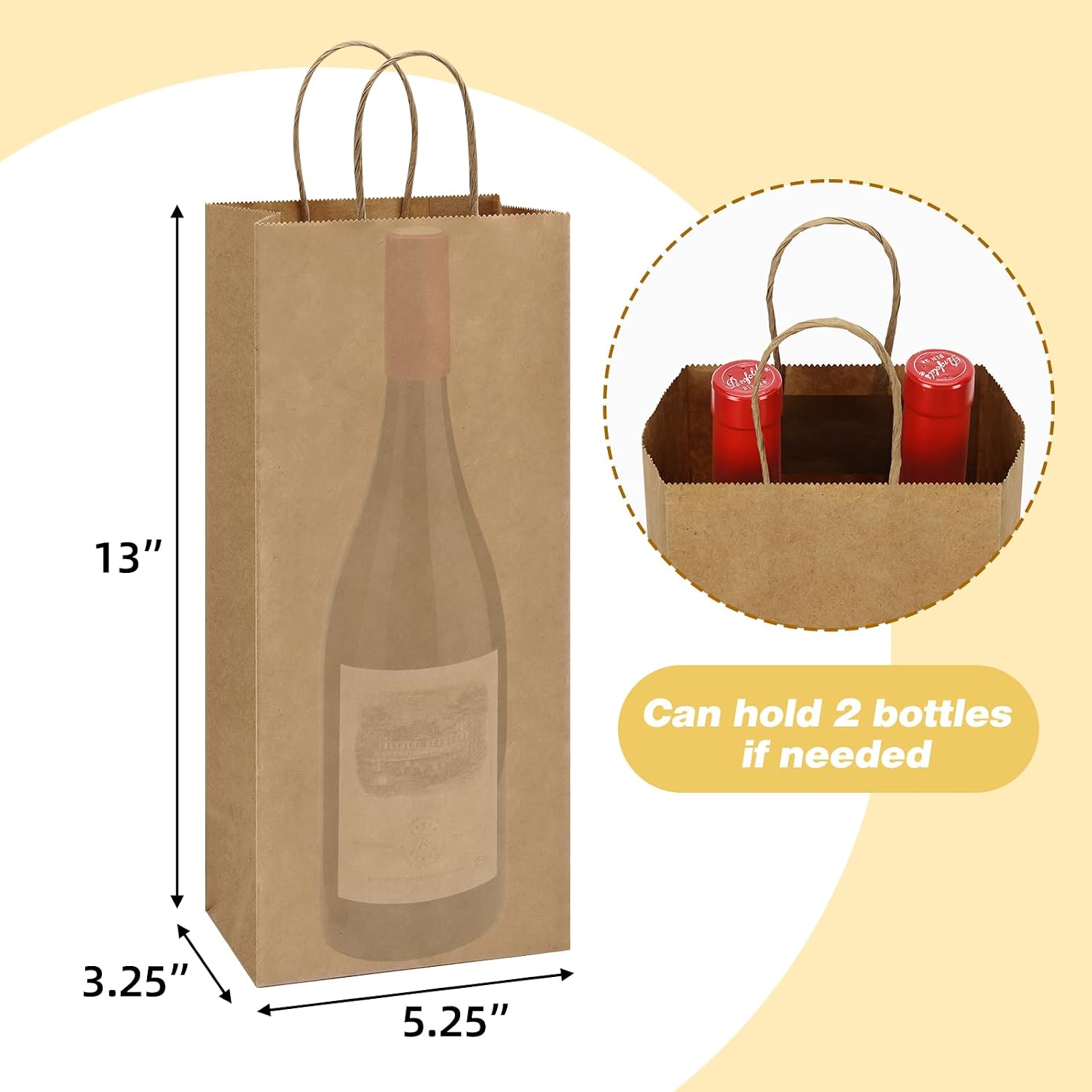 BagDream Kraft Paper Bags 5.25x3.25x13 Inches 50Pcs Kraft Brown Paper Wine Bags with Handles Bulk for Wine
